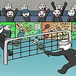 Dva kreslení panáčci s raketami hrají u sítě venkovní hru před publikem, které je v pozadí