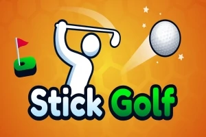Silueta golfisty s nápřahem, letící golfový míček a zelená jamka s vlaječkou na oranžovém pozadí