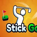 Silueta golfisty s nápřahem, letící golfový míček a zelená jamka s vlaječkou na oranžovém pozadí