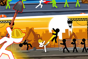 Postavičky stickmanů v různých barvách bojují na pozadí staveniště při západu slunce