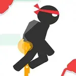 Černá postava s červenou páskou a jetpackem se vznáší v minimalistickém prostředí s ozubenými koly