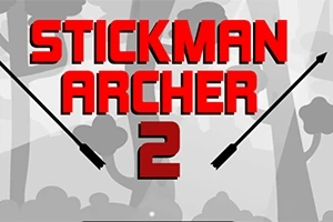 Nápis Stickman Archer 2 s červeným textem a dvěma šipkami na šedém pozadí s obrysy stromů