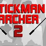 Nápis Stickman Archer 2 s červeným textem a dvěma šipkami na šedém pozadí s obrysy stromů
