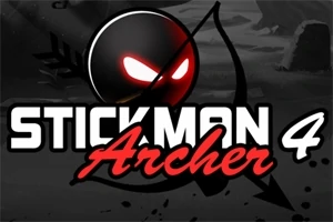 Černá silueta postavy s lukem a šípem na temném pozadí s výrazným bílým a červeným nápisem Stickman Archer 4
