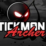 Černá silueta postavy s lukem a šípem na temném pozadí s výrazným bílým a červeným nápisem Stickman Archer 4