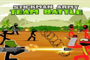 Černé a červené stickman postavičky bojují na písečné ploše s ostnatým drátem uprostřed, v pozadí jsou zelené stromy a hory