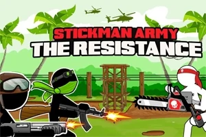 Dvě postavičky stickmanů drží zbraně, obklopené palmami a vrtulníky na zeleném pozadí s textem nad nimi