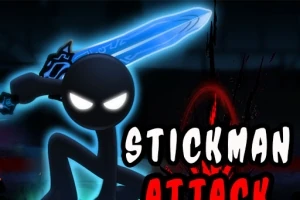 Černá postava stickmana s bílýma očima držící svítící modrý meč na tmavém pozadí s nápisem Stickman Attack