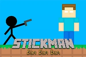 Černá silueta s pistolí stojí proti pixelové postavě na modrém pozadí s textem Stickman Bam Bam Bam