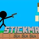Černá silueta s pistolí stojí proti pixelové postavě na modrém pozadí s textem Stickman Bam Bam Bam