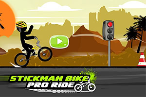 Černá postavička stickmana na kole u pouštní krajině se silnicí, semaforem a nápisem „STICKMAN BIKE PRO RIDE dole