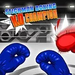 Černá postavička v boxerských šortkách dostává úder do obličeje červenou rukavicí, zatímco modré rukavice jsou v popředí