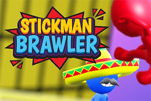 Barevný nápis Stickman Brawler s obrázkem modré postavičky v sombreru a knírem na barevném pozadí
