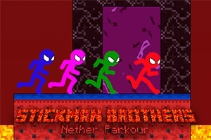 Čtyři barevní panáčci běžící po plošině s nápisem „Stickman Brothers: Nether Parkour“ na pozadí s fialovým portálem