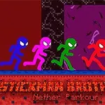 Čtyři barevní panáčci běžící po plošině s nápisem „Stickman Brothers: Nether Parkour“ na pozadí s fialovým portálem