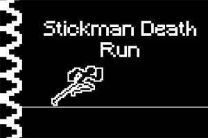Pixlová grafika s bílým textem Stickman Death Run na černém pozadí s obrazcem sekerky