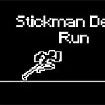 Pixlová grafika s bílým textem Stickman Death Run na černém pozadí s obrazcem sekerky