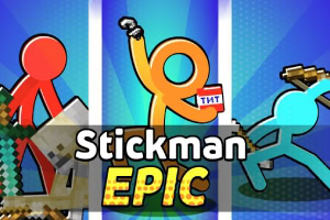 Tři barevné postavičky v akčních pozicích na modrém pozadí s nápisem Stickman Epic