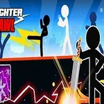 Postavy stickmanů bojujících na pozadí s mečem a blesky, s ikonami různých zbraní