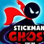 Černá postava stickmana s červeným pláštěm a zářícíma očima na modrém pozadí