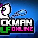 Kreslená postavička ve fialovém klobouku drží golfovou hůl, zatímco modrý balón letí vzduchem, nad nápisem Stickman Golf Online