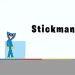 Modrá kreslená postava s červenými ústy a žlutými rukavicemi stojí vedle modré kostky na šedém povrchu, s nápisem Stickman Huggy