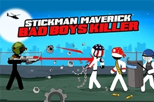 Postavy stickmanů s různými zbraněmi a přilbami na pozadí města s vrtulníkem a nápisem Stickman Maverick Bad Boys Killer