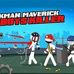 Postavy stickmanů s různými zbraněmi a přilbami na pozadí města s vrtulníkem a nápisem Stickman Maverick Bad Boys Killer