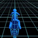 Modrá postava na futuristické motorce jezdí po mřížkované, neonově osvětlené ploše