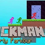 Barevní panáčci běží po pixelované plošině směrem ke dveřím s velkým nápisem STICKMAN Party Parkour dole