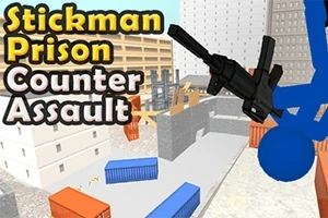 Modrá postava s puškou v ruce skáče ve stavební zóně s kontejnery a budovami na pozadí, vedle textu Stickman Prison Counter Assault