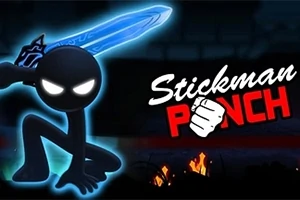 Černá postavička se zářícíma očima drží modrý meč, vedle nápis Stickman Punch
