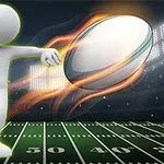 Postava v bílé siluetě kopající rugbyový míč na osvětleném stadionu