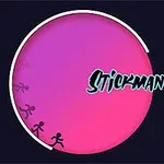 Obrázek zobrazuje kulatý růžovo-fialový gradient na tmavém pozadí s černými siluetami panáčků běžících podél jeho levé části a nápisem Stickman Runner