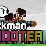 Jednoduchá kresba černobílé postavičky střílející z futuristické zbraně s nápisem Stickman Shooter v barevném fontu