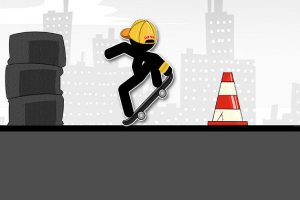 Postava na skateboardu skáče přes dopravní kužel vedle hromady pneumatik na pozadí městských budov