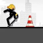 Postava na skateboardu skáče přes dopravní kužel vedle hromady pneumatik na pozadí městských budov