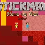 Dva pixelově ztvárnění postavy stojí na blokové platformě s červeným pozadím a textem „Stickman“ nahoře
