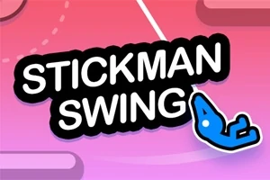 Nápis STICKMAN SWING vedle modré kreslené postavičky na růžovo-fialovém pozadí