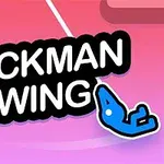 Nápis STICKMAN SWING vedle modré kreslené postavičky na růžovo-fialovém pozadí
