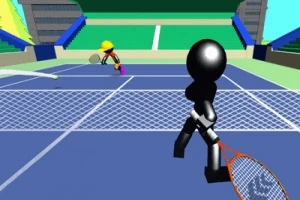 Dvě figurky hrají tenis na modrém tenisovém kurtu v aréně s diváky