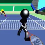 Dvě figurky hrají tenis na modrém tenisovém kurtu v aréně s diváky