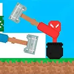 Dva pixeloví muži s kladivy soupeří mezi sebou, jeden v červeném a druhý v modrém, na pixelovaném pozadí s přírodou
