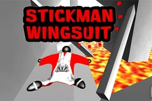 Černobílá postavička ve wingsuitu letící nad lávou v úzké šedé soutěsce