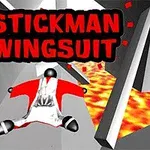 Černobílá postavička ve wingsuitu letící nad lávou v úzké šedé soutěsce