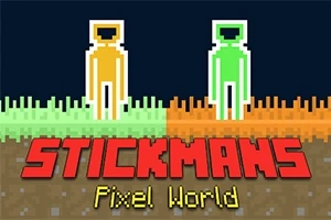 Dva pixeloví panáčci, jeden oranžový a druhý zelený, stojící na barevném pixely vytvořeném pozadí, s nápisem Stickmans Pixel World dole