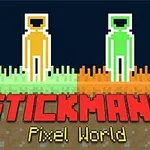 Dva pixeloví panáčci, jeden oranžový a druhý zelený, stojící na barevném pixely vytvořeném pozadí, s nápisem Stickmans Pixel World dole