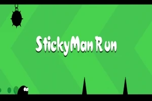 Zelené pozadí s bílým textem StickyMan Run uprostřed, černými siluetami postavičky vlevo dole a špičatých překážek