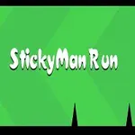 Zelené pozadí s bílým textem StickyMan Run uprostřed, černými siluetami postavičky vlevo dole a špičatých překážek