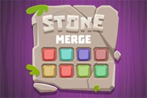 Kamenná deska s nápisem STONE MERGE a barevnými čtverci na fialovém pozadí
